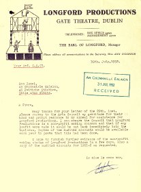 Letter from the Earl of Longford, Longford Productions, to Arts Council 